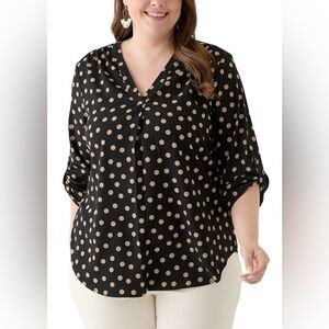 Anne Klein Black and Tan Polka Dot Blouse